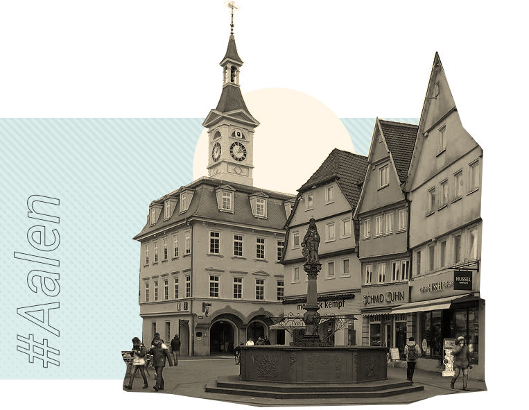 Eine Collage von Gebäuden der Stadt Aalen inkl. Spionturm