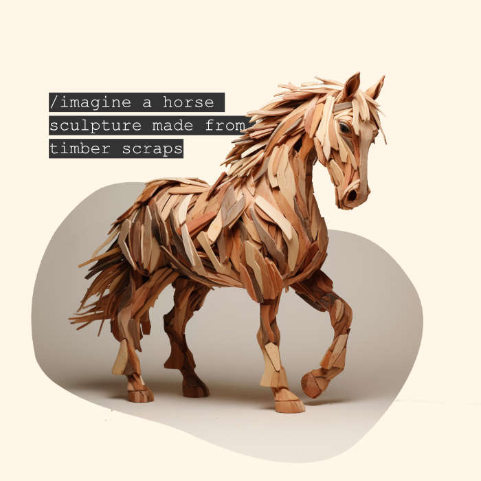 Ein KI-generiertes Pferd aus Holzresten mit dem dazugehörigen Prompt-Text 