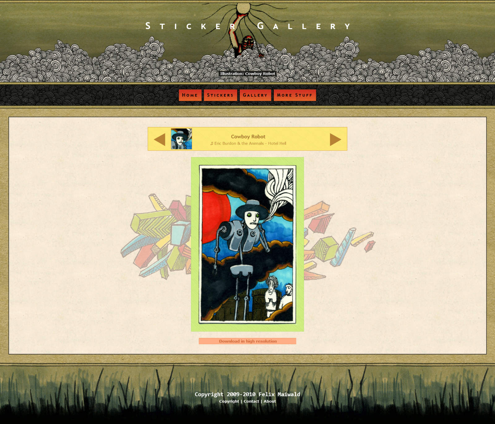 Screenshot einer bunten, vollständig handgezeichneten Webseite mit einem Roboter-Motiv