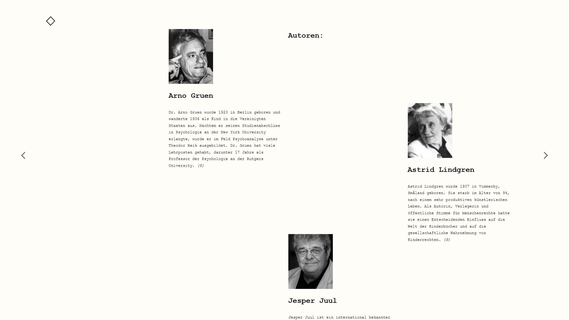 Screenshot: Drei Autore*innen vorgestellt: Arno Gruen, Astrid Lindgren und Jesper Juul