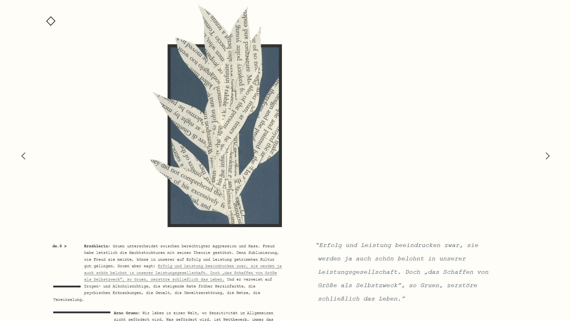 Screenshot eines Webdesigns: Ein typografisch aufbereiteter Text neben einer Collage von Pflanzen aus Textbausteinen