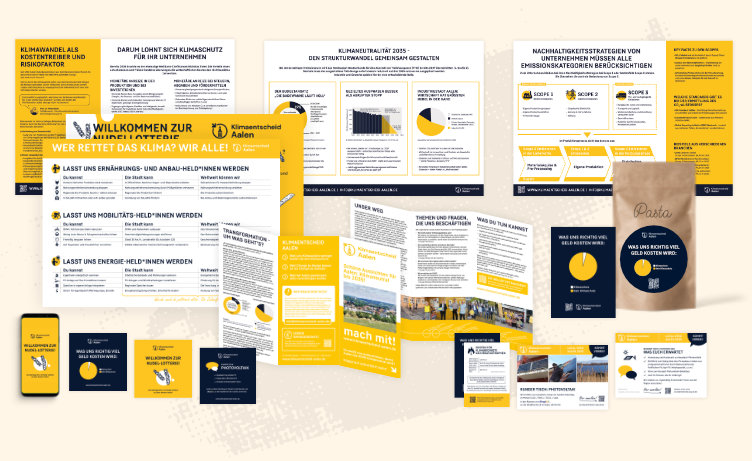 Eine Vielzahl von Grafikdesign-Produkte für den Klimaentscheid Aalen. Gelbe Print- und Web-Layouts.