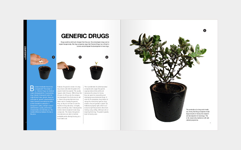 Brochure spread "Counterfeit" with pill tree