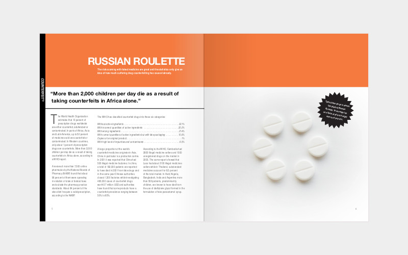 Brochure spread "Counterfeit" with russian roulette