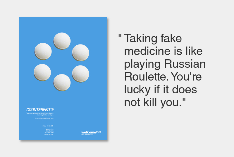 Poster "Counterfeit" with medication arranged like a russion roulette